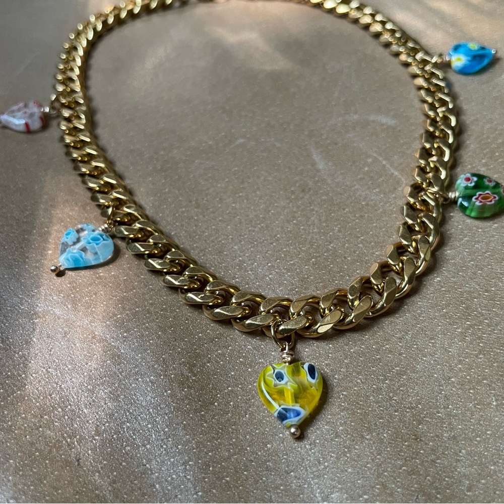 Heart 💛 Millefiori glass choker on 18k gold plated curb chain green blue yellow - Picture 3 of 5